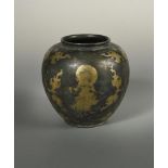 A gilt silvered jar, possibly Ming dynasty or earlier, gilded with buddhistic scenes and diverse