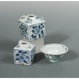 Two late Yuan/early Ming blue and white Chrysanthemum waterpots, and an early Ming cup, the two