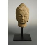 A grey sandstone head of a Buddha, Northern Qi, the face well carved with a serene, meditative