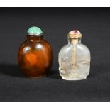 Two 19th century interior painted snuff bottles and stoppers, one brown glass with sitting figures