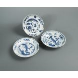 Three Ming blue and white dishes, comprising a Jiajing period dish painted with a deer amonst