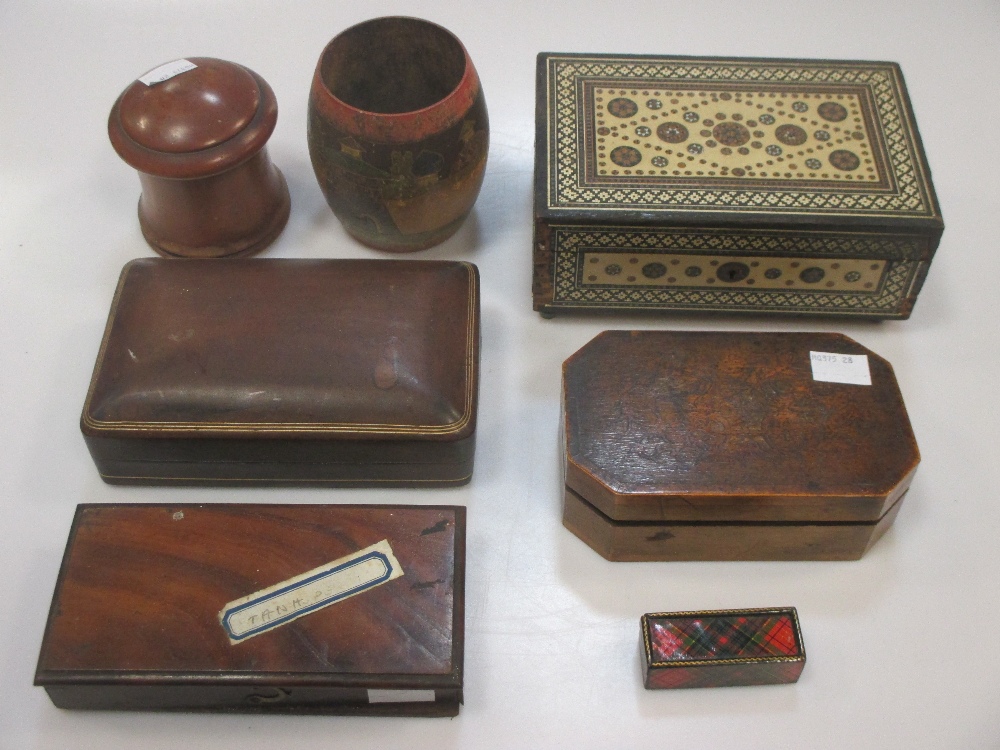 A George III small box scales by Young and Son London, together with various boxes etc