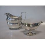 A Georgian silver cream jug, a Georgian silver salt and an unhallmarked dish, 10ozt gross,