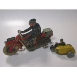 Tinplate clockwork Mettoy Police Patrol Motorcycle plus tinplate clockwork Mettoy AA Motorcycle