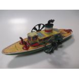 Tinplate clockwork Wells Paddle Steamer, 1930's example with the ventilators and more detailed