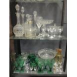 A quantity of glassware to include comports, green coloured glass rinsers, lamp base etc