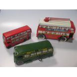 Tinplate clockwork Brimtoy Trolley Bus 8 1/4 inches, Brimtoy Greenline Bus, Mettoy Routemaster