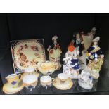 Five Staffordshire figures, including a man holding a harp; a part Bavarian child's teaset etc