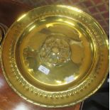 An 18th/19th century Augsburg type brass circular dish, 35.5cm high and a brass 'student' oil