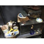 A 19th century black laquer tea caddy, a 19th century pine box together with miscellaneous china and