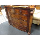 A William IV mahogany chest of two short and three long cockbeaded drawers with fluted pilasters,