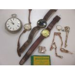 A 9ct gold watch chain (9g), various pocket and other watches and Hornby station staff figures etc