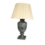 A large serpentine marble table lamp, of urn form raised on a square plinth base 48cm (19in)