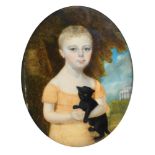 English School, early 19th Century Portrait miniature of Edward Curtis Fownes, holding a kitten,