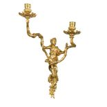 A pair of late 19th century French ormolu twin-branch wall lights, each cast as a classical figure