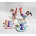 A pair of Herend porcelain models of roosters, 14cm (5.5in) high; two Herend models of a pair of