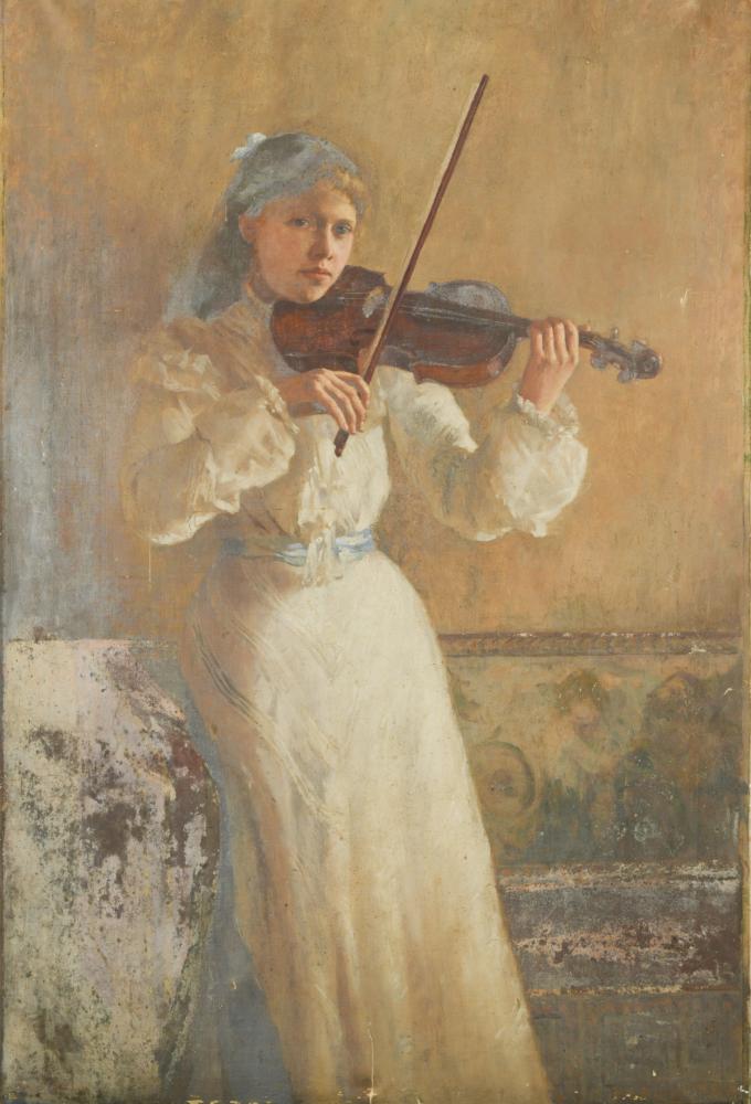 § The Hon. Marion Saumarez (British, 1885-1978) Self-portrait of the artist with violin oil on