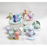 A collection of small Herend porcelain animals, to include two pairs of ducks, two rabbits, a