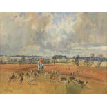 § Peter Biegel (British, 1913-1988) Huntsmen and hounds going at speed over plough, Leicestershire