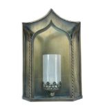 A set of four Gothic style 'Westminster' brass wall lanterns by Phillips & Wood, each of glazed