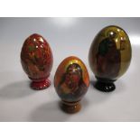 Various Russian painted eggs, all 20th century with religious and cultural scenes with