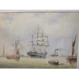 W H Chambers, Man o'war with steam paddle tug, Initialled, 24cm x 35cm, Watercolour with