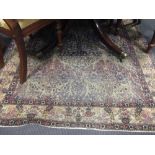 A red and blue floral pattern rug with white border, 205 x 142cm