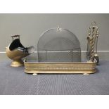 A brass coal scuttle, fire tools and spark guard etc
