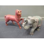 A large carved and painted Indian elephant and a horse (2)