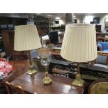 A pair of 20th century brass corinthian column table lamps laps 50cm high, together with a Victorian