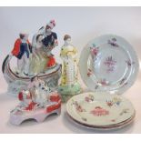 A collection of Staffordshire figures, cabinet plates and a Ralph Wood type figure (a/f) (7)