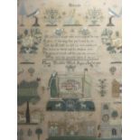 An early 19th century needlepoint sampler depicting birds, buildings and trees, in memorium to Queen