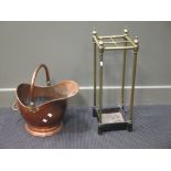 A brass stick stand and a copper coal scuttle (2)