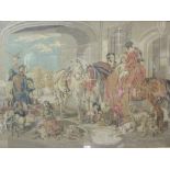 A large tapestry of a hunting scene in a maple frame, 73 x 101cm