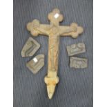 A cast iron crucifix marker, 52cm high, and 2 metal moulds for a leg and a cow