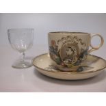 A Queen Victoria 1887 Jubilee moustache cup and saucer; 3 Royal wine glasses, each engraved with a