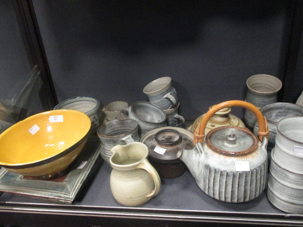 A studio pottery teaset, two staffordshire flatback figure groups and a collection of studio