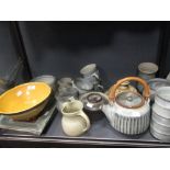 A studio pottery teaset, two staffordshire flatback figure groups and a collection of studio