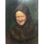 Continental School c.1900, Smiling monk in hooded habit, oil on mahogany panel, unframed, 33 x 24cm