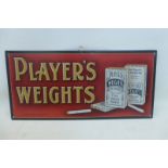 A rare Player's Weights pictorial packet tin advertising sign, in excellent condition, 18 x 8 1/2".