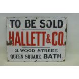 A Hallett & Co of 3 Wood Street, Queens Square, Bath 'To Be Sold' rectangular enamel sign, 20 x