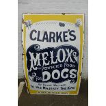 A Clarke's Melox Perfected Food for Dogs enamel sign by Patent Enamel with good gloss, 40 x 60".