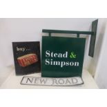 A Lyons Tea Red Label tin advertising sign, 15 x 20", a Stead & Simpson shop sign and a street