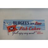 A 'Burgee's of Fine Fishcakes' rectangular shop window poster.