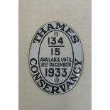 A Thames Conservancy oval enamel plaque, dated 31st December 1933, 3 x 4".