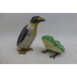 A small clockwork tinplate model of a penguin and a clockwork tinplate frog, the latter made in