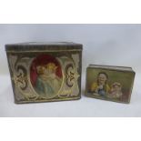 A large Mazawatte Tea tin decorated with a mother and child all round and one smaller 'Old Folks