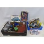 A box of assorted toys to include a boxed Heller 1/24th scale Renault 4 CV, Space Robot bedside lamp