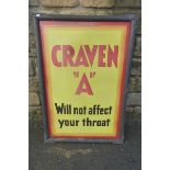 A Craven 'A' 'will not affect your throat' rectangular enamel sign, framed, 25 1/4 x 38".