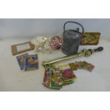 A collection of gardening related items including a 3/4 gallon galvanised watering can with copper